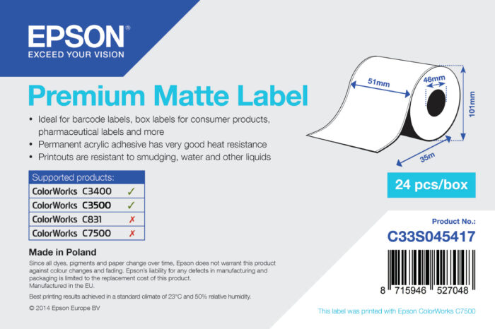 Epson Premium Matte Label - Continuous Roll: 51mm x 35m (C33S045417)