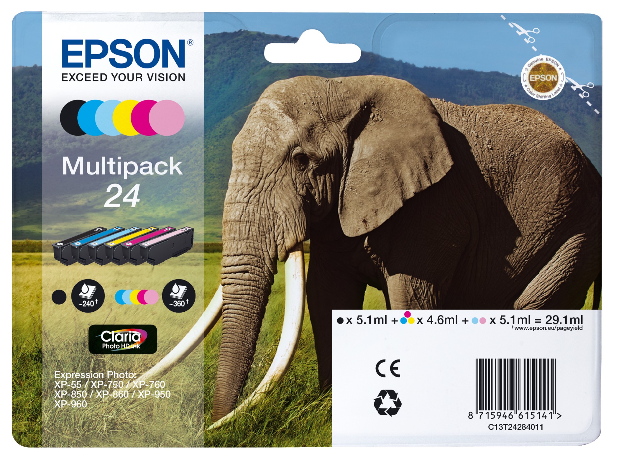 1ZCG8lsbIU-7Y37QeAjmuw.c-r.jpg Epson C13T24284011/24 Ink cartridge multi pack Bk,C,M,Y,LC,LM, 6x360 pages 1x240pg + 5x360pg, 1x5.1ml + 5x4.6ml Pack=6 for Epson XP 750 (C13T24284011)