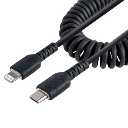 StarTech.com 1m (3ft) USB C to Lightning Cable, MFi Certified, Coiled iPhone Charger Cable, Black, Durable TPE Jacket Aramid Fiber, Heavy Duty Coil Lightning Cable