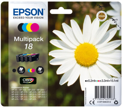 Epson C13T18064012/18 Ink cartridge multi pack Bk,C,M,Y 175pg + 3x180pg, 1x 5ml + 3x 3ml Pack=4 for Epson XP 30 (C13T18064012)