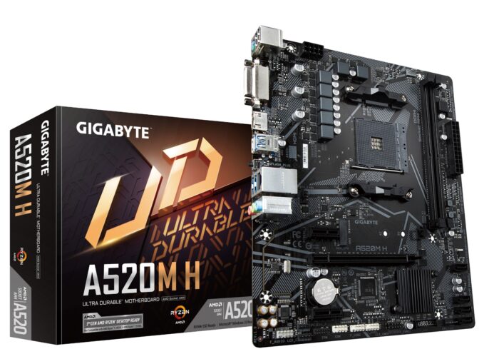 Gigabyte A520M H Motherboard - Supports AMD Ryzen 5000 Series AM4 CPUs, 4+3 Phases Pure Digital VRM, up to 5100MHz DDR4 (OC), PCIe 3.0 x4 M.2, GbE LAN, USB 3.2 Gen 1 (A520M H)