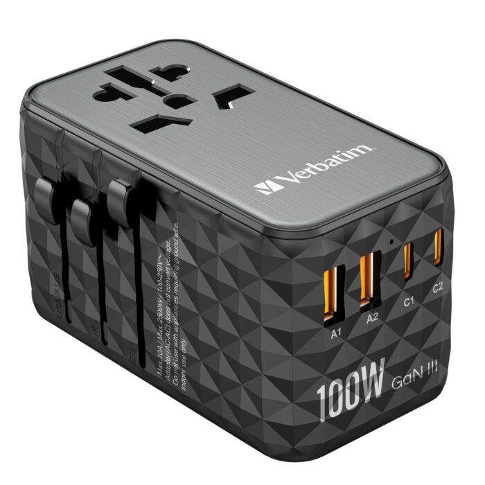 Verbatim GaN III Universal Travel Adapter UTA-06 with 2 x USB-C PD & QC 4+ & 2 x USB-A QC 3.0 ports