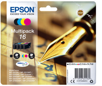 Epson C13T16264012/16 Ink cartridge multi pack Bk,C,M,Y 175pg + 3x165pg, 1x5.4ml + 3x3.1ml Pack=4 for Epson WF 2010/2660/2750 (C13T16264012)