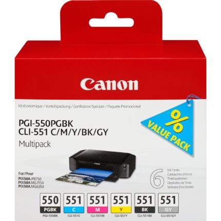 Canon 6496B005/PGI-550CLI-551 Ink cartridge multi pack Bk,C,M,Y,Gy 7ml Pack=6 for Canon Pixma IP 8700/MG 6350/MG 7550 (6496B005)