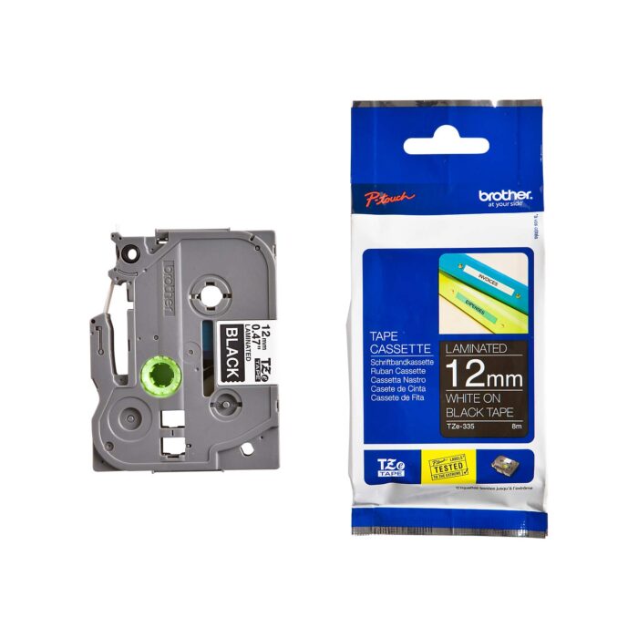 TZE335 Brother TZE-335 DirectLabel white on black Laminat 12mm x 8m for Brother P-Touch TZ 3.5-18mm/6-12mm/6-18mm/6-24mm/6-36mm (TZE335) - Image 1
