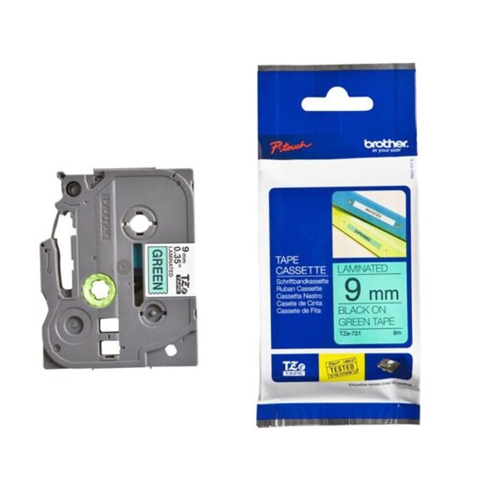 TZE721 Brother TZE-721 DirectLabel black on green Laminat 9mm x 8m for Brother P-Touch TZ 3.5-18mm/6-12mm/6-18mm/6-24mm/6-36mm (TZE721) - Image 1