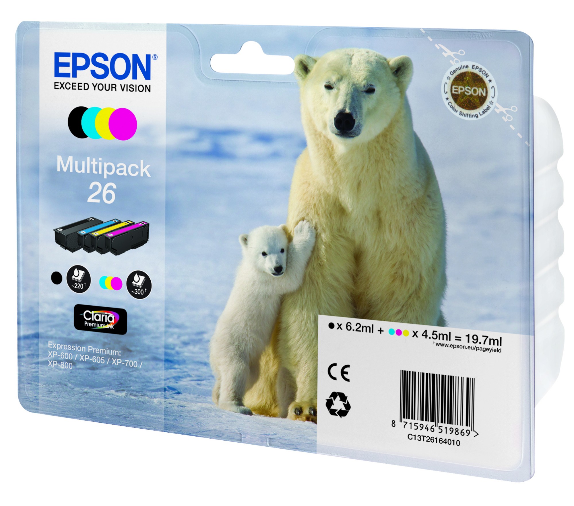 ZCpCpLKutka1ptOsgaOU3g.c-r.jpg Epson C13T26164010/26 Ink cartridge multi pack Bk,C,M,Y 220pg + 3x300pg, 6ml + 3x5ml Pack=4 for Epson XP 600 (C13T26164010)