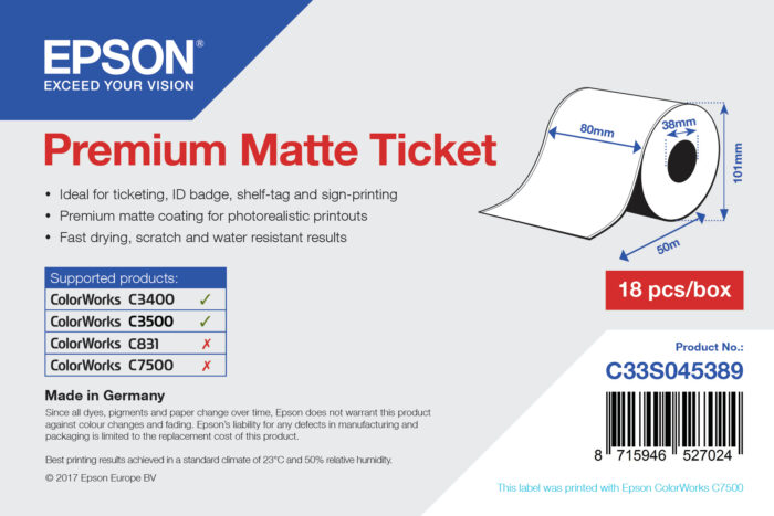 Epson Premium Matte Ticket - Roll: 80mm x 50m (C33S045389)