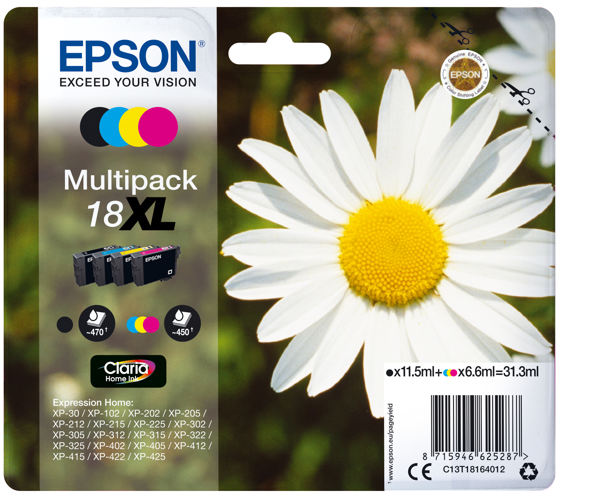 lnvUCDRJoEihMARuuHn61g.c-r.jpg Epson C13T18164012/18XL Ink cartridge multi pack Bk,C,M,Y high-capacity 470pg + 3x450pg, 1x 12ml + 3x 7ml Pack=4 for Epson XP 30 (C13T18164012)