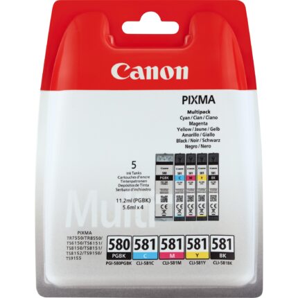 Canon 2078C005/PGI-580CLI-581 Ink cartridge multi pack 2x Bk + 1x C,M,Y 1x 200/1505/256/237/257 Pg Pack=5 for Canon Pixma TS 6150/8150 (2078C005)