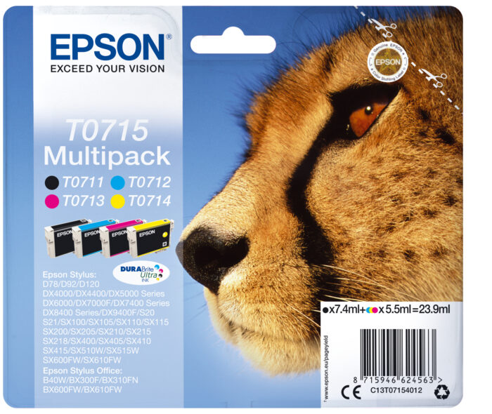 szPQn0_830qvT83plP4voA.c-r.jpg Epson C13T07154012/T0715 Ink cartridge multi pack Bk,C,M,Y 7,4ml+3x5,5ml Pack=4 for Epson Stylus BX 310/600/D 120/D 78/S 20 (C13T07154012)