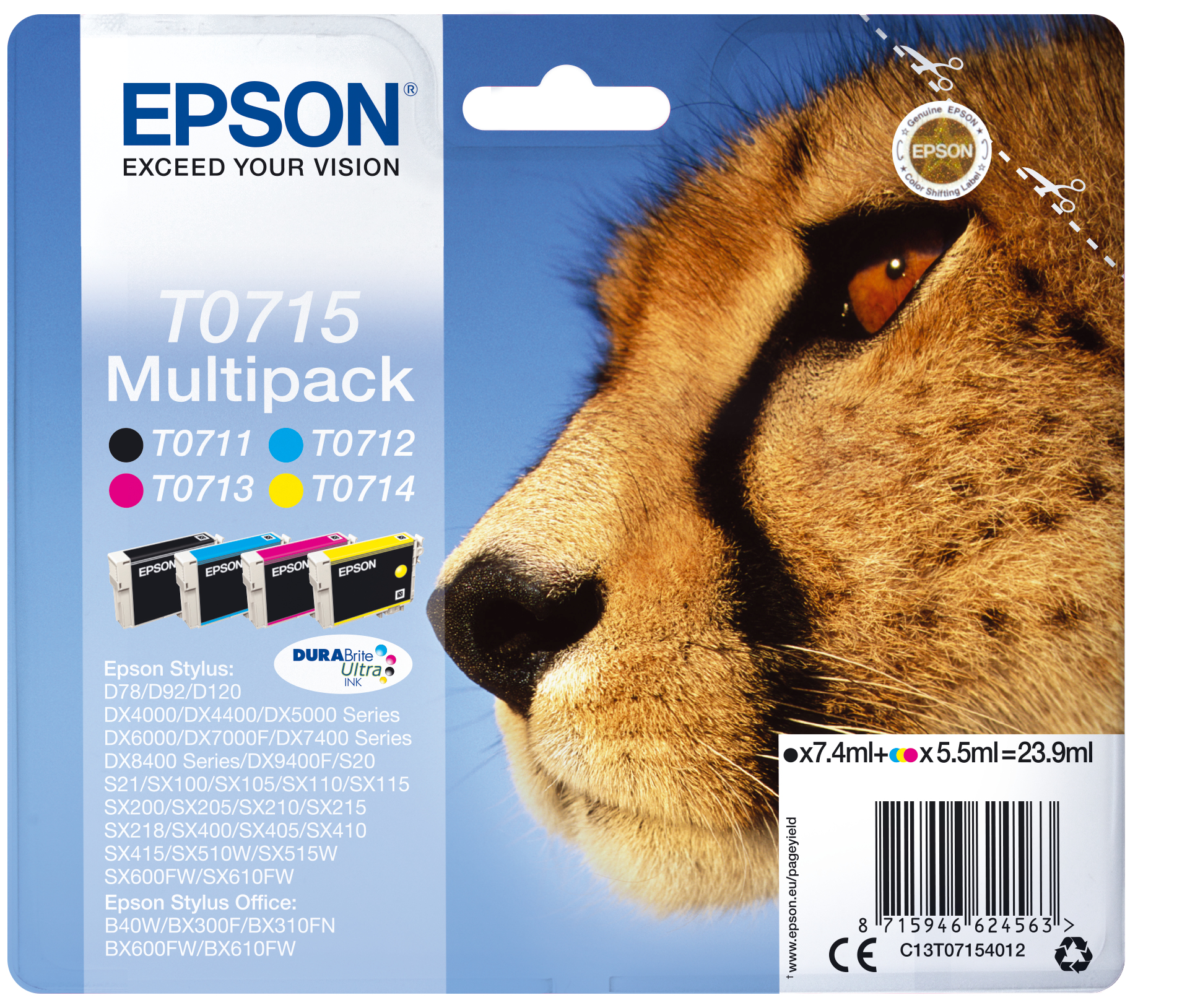 szPQn0_830qvT83plP4voA.c-r.jpg Epson C13T07154012/T0715 Ink cartridge multi pack Bk,C,M,Y 7,4ml+3x5,5ml Pack=4 for Epson Stylus BX 310/600/D 120/D 78/S 20 (C13T07154012)