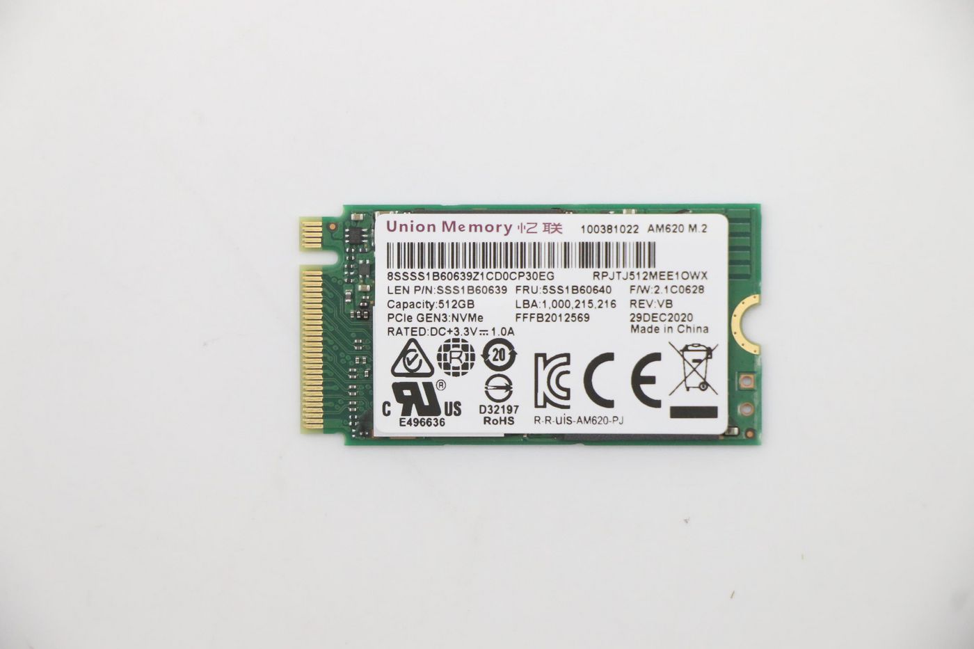 5ss1b60640 Lenovo UMIS AM620 512GB PCIe 2242 RPJTJ512MEE1OWX SSD EMI (5SS1B60640) - Image 1